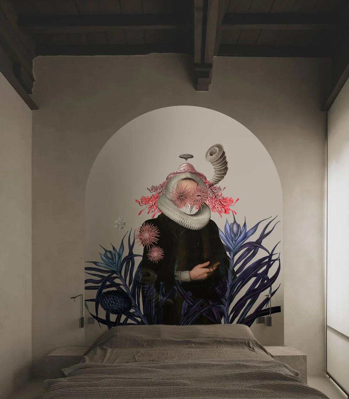 Tapeta z motywem roślinnym w eleganckiej sypialni z kolekcji Wallcolors