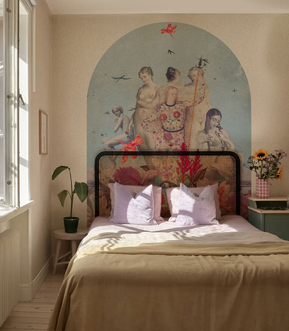 Wzorzysta tapeta Wallcolors połączona z jednolitym kolorem ścian w nowoczesnym wnętrzu